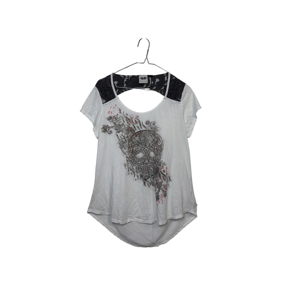 Harley-Davidson T-Shirt Womens Large White Sugar Skull Lace Back High-Low Tee